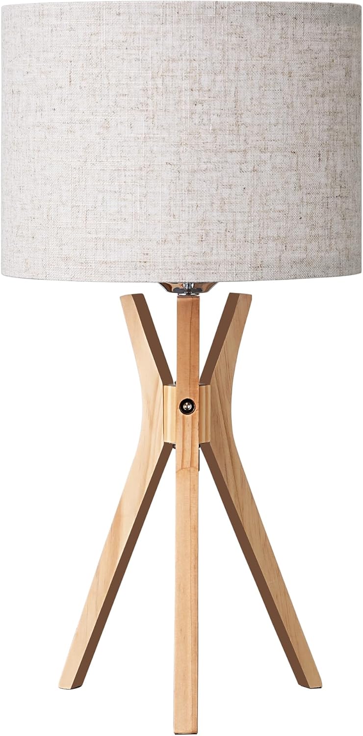 Mid Century Table Lamp, 17.5" Tripod Bedside Lamp with Deep Wood Color Light Base & Beige Linen Lampshade, Nightstand Lamp for Bedroom, Living Room, Reading Room, E26 Base