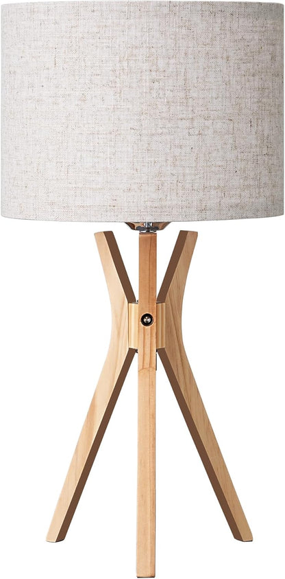 Mid Century Table Lamp, 17.5" Tripod Bedside Lamp with Deep Wood Color Light Base & Beige Linen Lampshade, Nightstand Lamp for Bedroom, Living Room, Reading Room, E26 Base