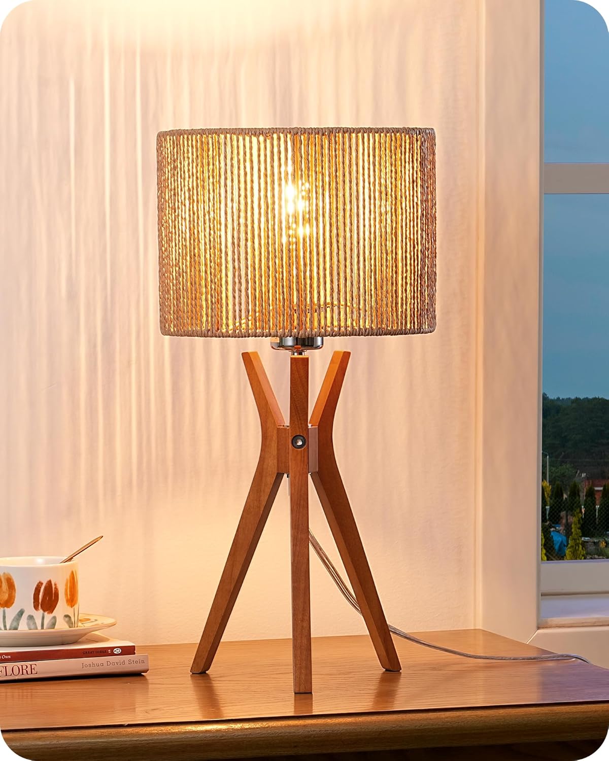 Mid Century Table Lamp, 17.5" Tripod Bedside Lamp with Deep Wood Color Light Base & Beige Linen Lampshade, Nightstand Lamp for Bedroom, Living Room, Reading Room, E26 Base