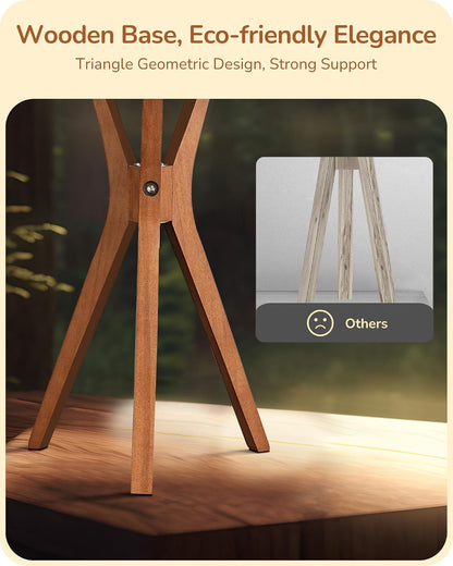 Mid Century Table Lamp, 17.5" Tripod Bedside Lamp with Deep Wood Color Light Base & Beige Linen Lampshade, Nightstand Lamp for Bedroom, Living Room, Reading Room, E26 Base