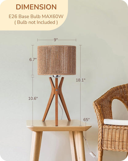 Mid Century Table Lamp, 17.5" Tripod Bedside Lamp with Deep Wood Color Light Base & Beige Linen Lampshade, Nightstand Lamp for Bedroom, Living Room, Reading Room, E26 Base