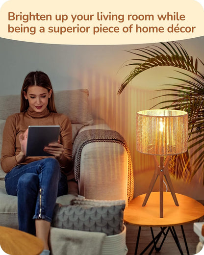 Mid Century Table Lamp, 17.5" Tripod Bedside Lamp with Deep Wood Color Light Base & Beige Linen Lampshade, Nightstand Lamp for Bedroom, Living Room, Reading Room, E26 Base