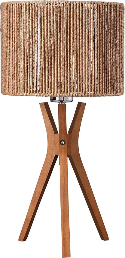 Mid Century Table Lamp, 17.5" Tripod Bedside Lamp with Deep Wood Color Light Base & Beige Linen Lampshade, Nightstand Lamp for Bedroom, Living Room, Reading Room, E26 Base