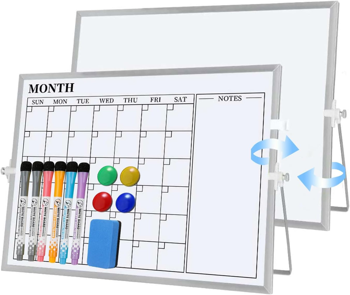 Dry Erase White Board, 16 x 12 inches Double-Sided Magnetic Monthly Dry Erase Whiteboard Calendar Planner with Stand, Portable Desktop Calendar Whiteboard for Kitchen, School, Home, Office