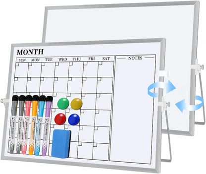 Dry Erase White Board, 16 x 12 inches Double-Sided Magnetic Monthly Dry Erase Whiteboard Calendar Planner with Stand, Portable Desktop Calendar Whiteboard for Kitchen, School, Home, Office