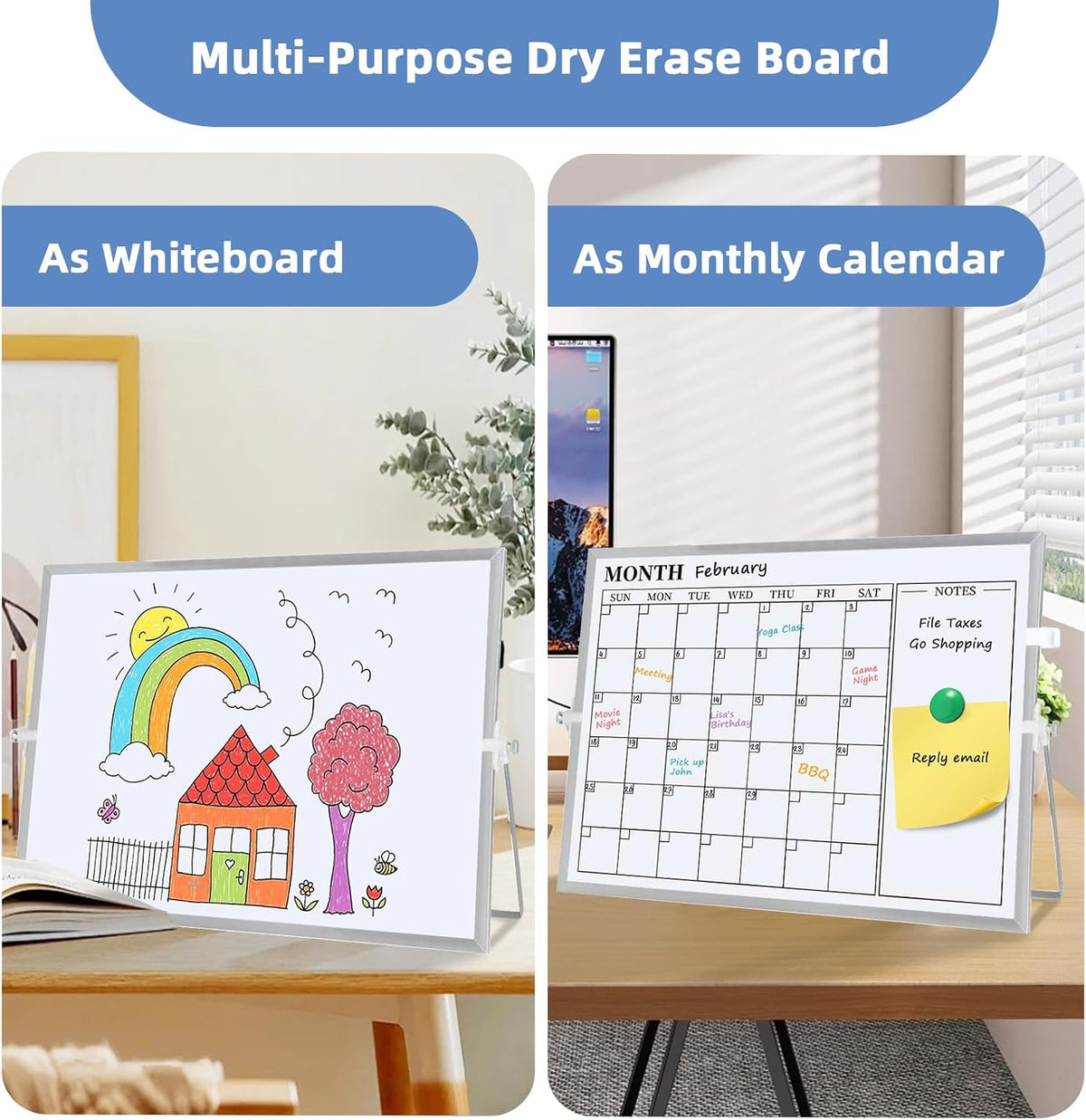 Dry Erase White Board, 16 x 12 inches Double-Sided Magnetic Monthly Dry Erase Whiteboard Calendar Planner with Stand, Portable Desktop Calendar Whiteboard for Kitchen, School, Home, Office