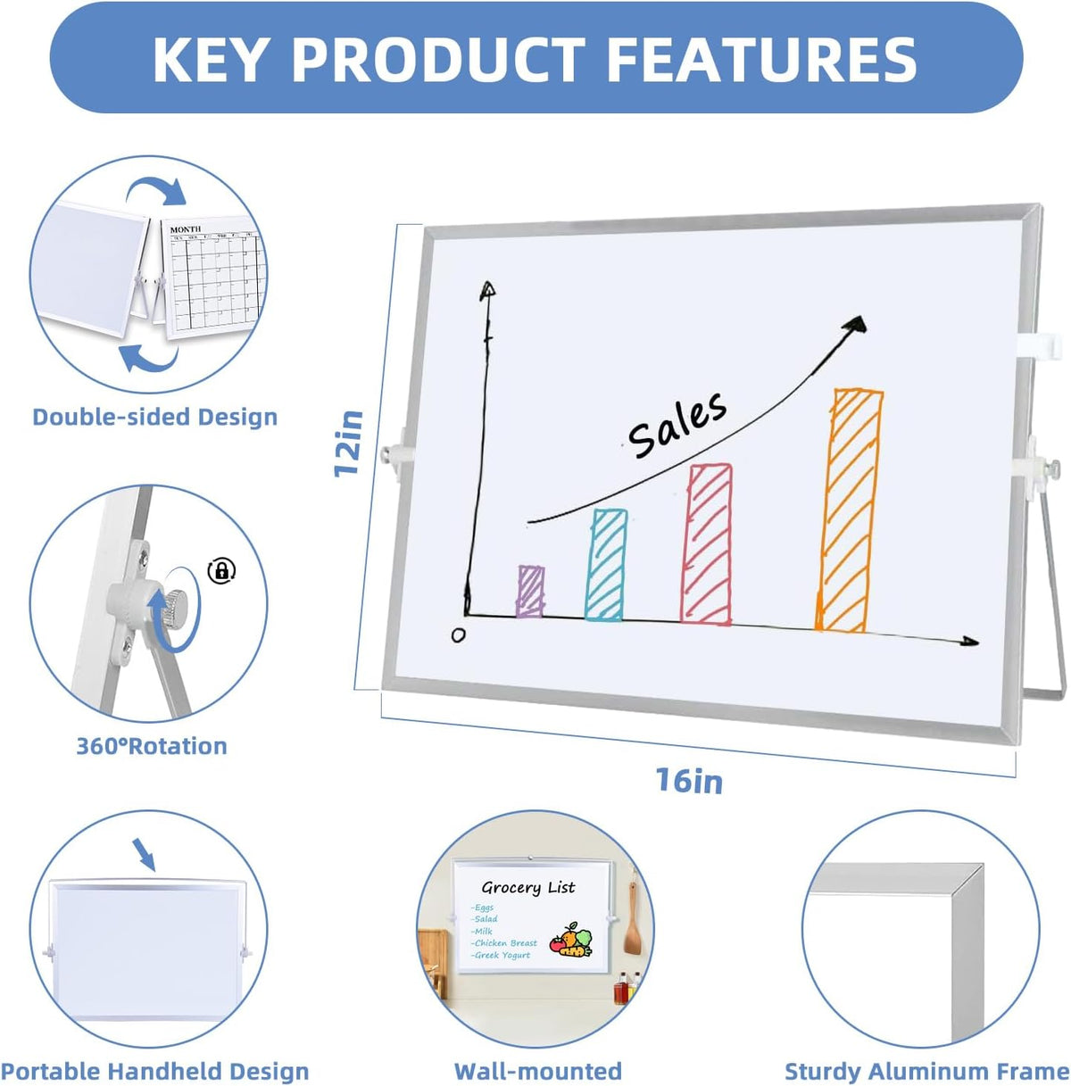 Dry Erase White Board, 16 x 12 inches Double-Sided Magnetic Monthly Dry Erase Whiteboard Calendar Planner with Stand, Portable Desktop Calendar Whiteboard for Kitchen, School, Home, Office