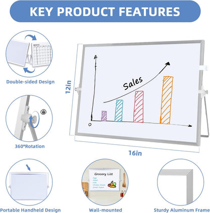Dry Erase White Board, 16 x 12 inches Double-Sided Magnetic Monthly Dry Erase Whiteboard Calendar Planner with Stand, Portable Desktop Calendar Whiteboard for Kitchen, School, Home, Office