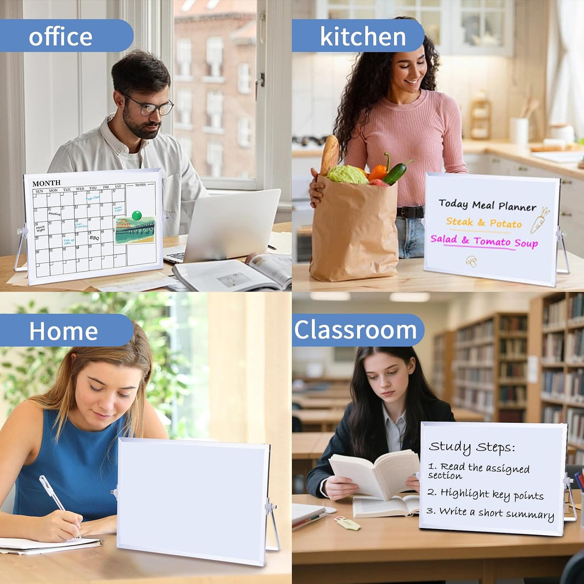 Dry Erase White Board, 16 x 12 inches Double-Sided Magnetic Monthly Dry Erase Whiteboard Calendar Planner with Stand, Portable Desktop Calendar Whiteboard for Kitchen, School, Home, Office
