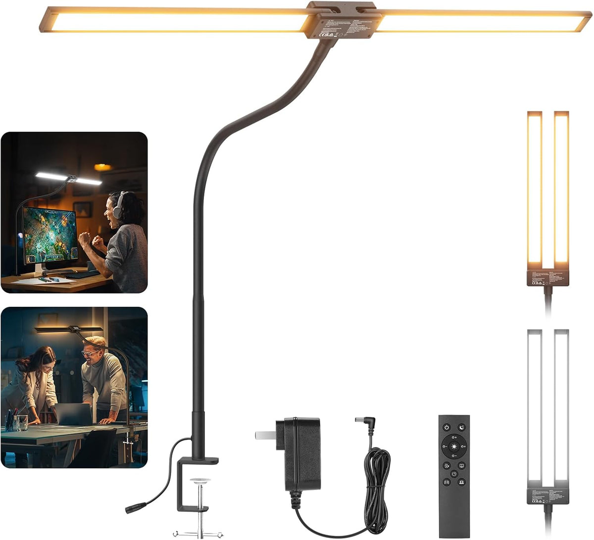 Entry Level Version 32" LED Light with Clamp for Desk Home Office Dorm Designer Drafting, 20W Dual Computer Monitor Architect Lamp Bar, Flexible Overhead 2200lux/Remote/5 Modes CRI80+, N21