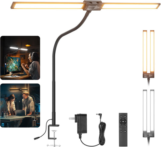 Entry Level Version 32" LED Light with Clamp for Desk Home Office Dorm Designer Drafting, 20W Dual Computer Monitor Architect Lamp Bar, Flexible Overhead 2200lux/Remote/5 Modes CRI80+, N21