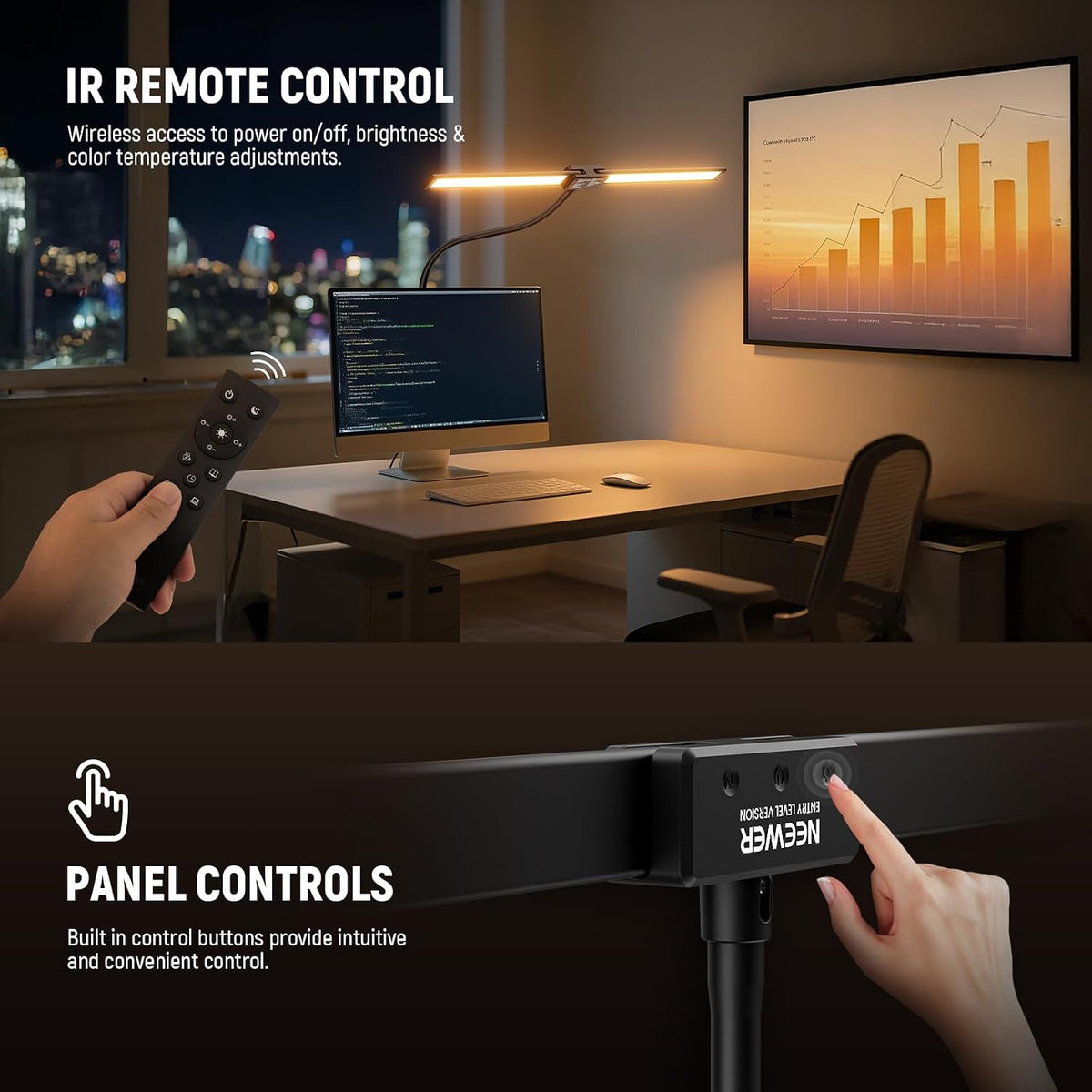 Entry Level Version 32" LED Light with Clamp for Desk Home Office Dorm Designer Drafting, 20W Dual Computer Monitor Architect Lamp Bar, Flexible Overhead 2200lux/Remote/5 Modes CRI80+, N21