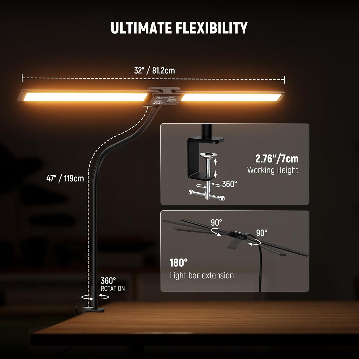 Entry Level Version 32" LED Light with Clamp for Desk Home Office Dorm Designer Drafting, 20W Dual Computer Monitor Architect Lamp Bar, Flexible Overhead 2200lux/Remote/5 Modes CRI80+, N21