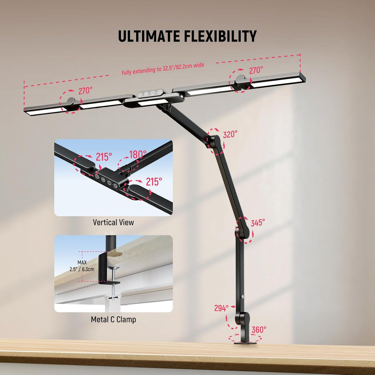 Entry Level Version 32" LED Light with Clamp for Desk Home Office Dorm Designer Drafting, 20W Dual Computer Monitor Architect Lamp Bar, Flexible Overhead 2200lux/Remote/5 Modes CRI80+, N21