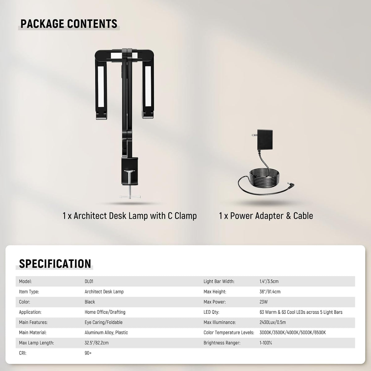 Entry Level Version 32" LED Light with Clamp for Desk Home Office Dorm Designer Drafting, 20W Dual Computer Monitor Architect Lamp Bar, Flexible Overhead 2200lux/Remote/5 Modes CRI80+, N21