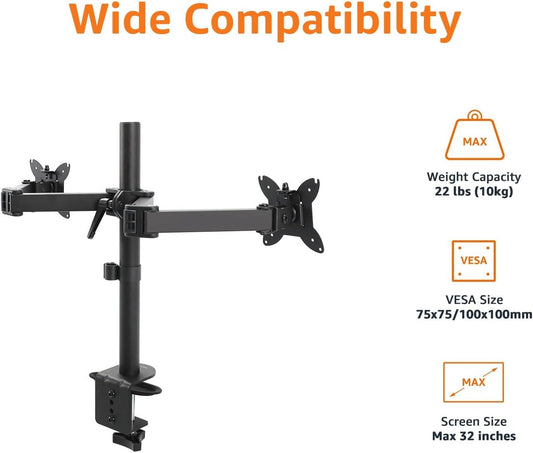 Adjustable Dual Monitor Desk Mount, Supports up to 32 inch Monitors and 22 lbs per Arm, Adjustable Tension, VESA 75x75/100x100, Black