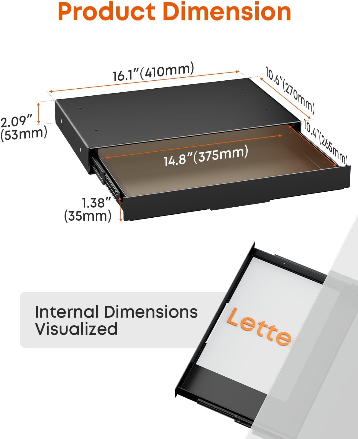 Under Desk Storage Drawer 14.8" Wide - Smooth Slide Out Organizer for Standing Desk & Home Office, Max Load 17.6 lbs, Quiet Glide, Black