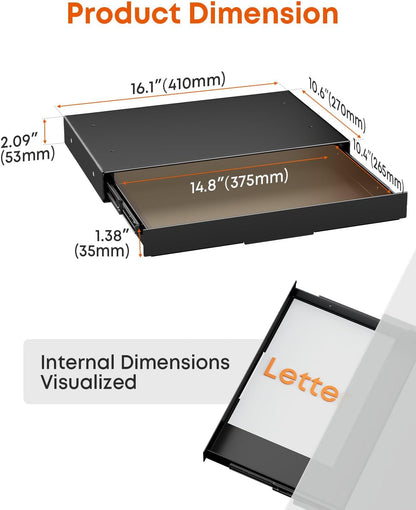 Under Desk Storage Drawer 14.8" Wide - Smooth Slide Out Organizer for Standing Desk & Home Office, Max Load 17.6 lbs, Quiet Glide, Black