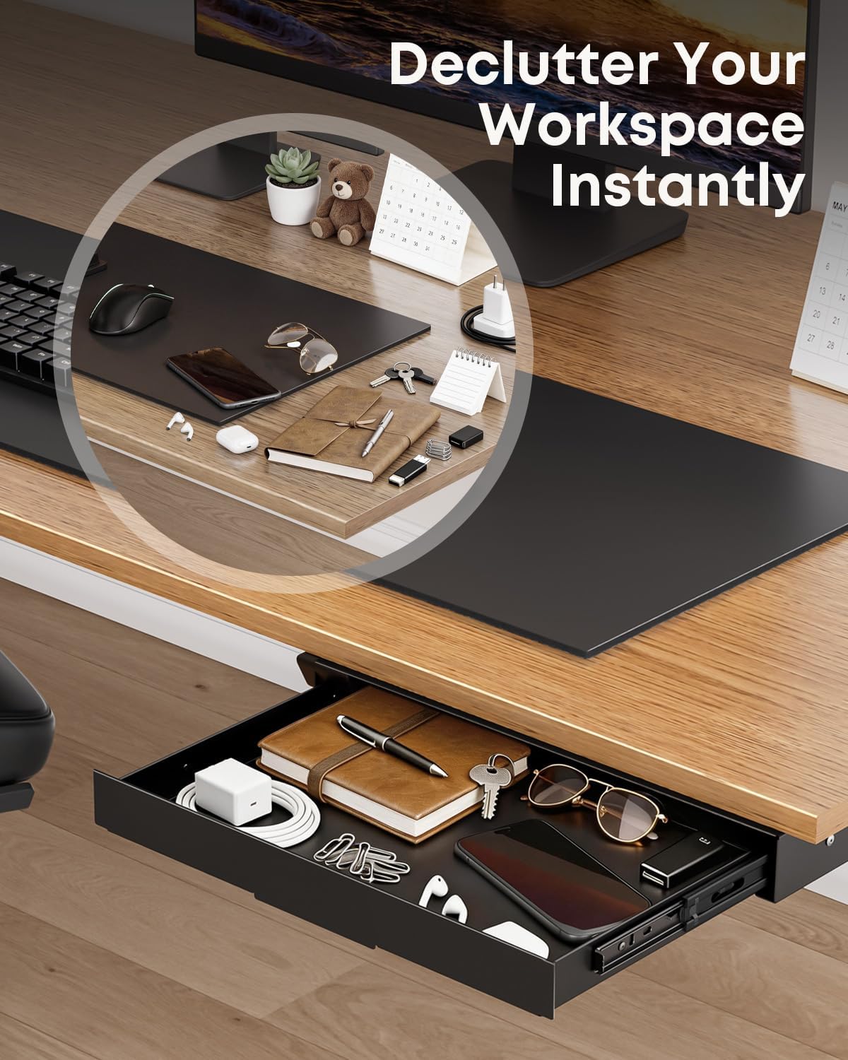 Under Desk Storage Drawer 14.8" Wide - Smooth Slide Out Organizer for Standing Desk & Home Office, Max Load 17.6 lbs, Quiet Glide, Black