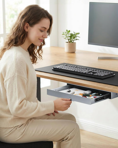 Under Desk Storage Drawer 14.8" Wide - Smooth Slide Out Organizer for Standing Desk & Home Office, Max Load 17.6 lbs, Quiet Glide, Black