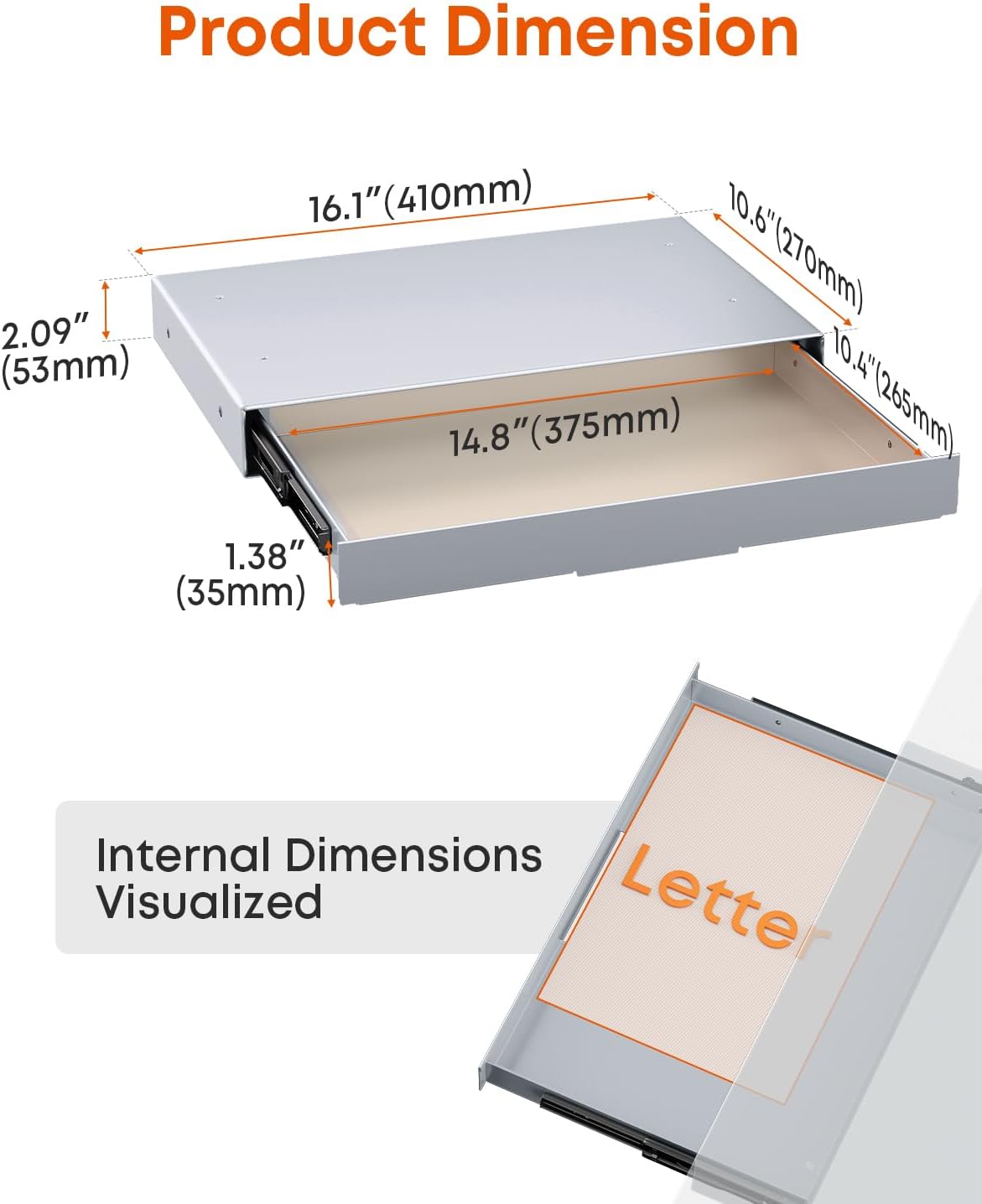 Under Desk Storage Drawer 14.8" Wide - Smooth Slide Out Organizer for Standing Desk & Home Office, Max Load 17.6 lbs, Quiet Glide, Black