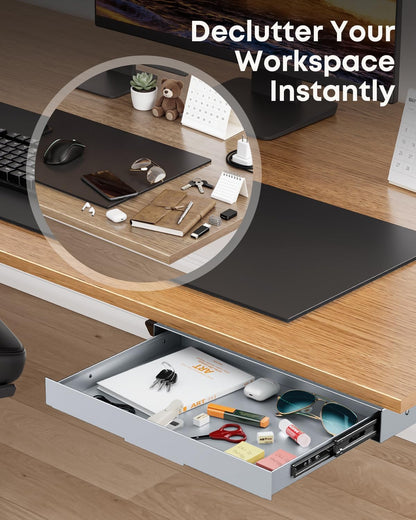 Under Desk Storage Drawer 14.8" Wide - Smooth Slide Out Organizer for Standing Desk & Home Office, Max Load 17.6 lbs, Quiet Glide, Black