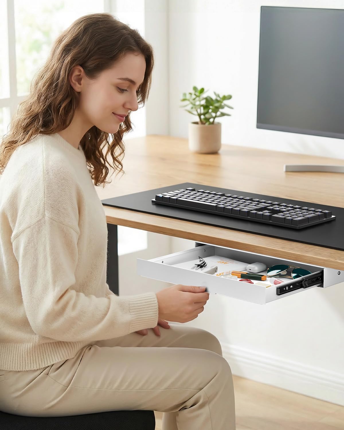Under Desk Storage Drawer 14.8" Wide - Smooth Slide Out Organizer for Standing Desk & Home Office, Max Load 17.6 lbs, Quiet Glide, Black