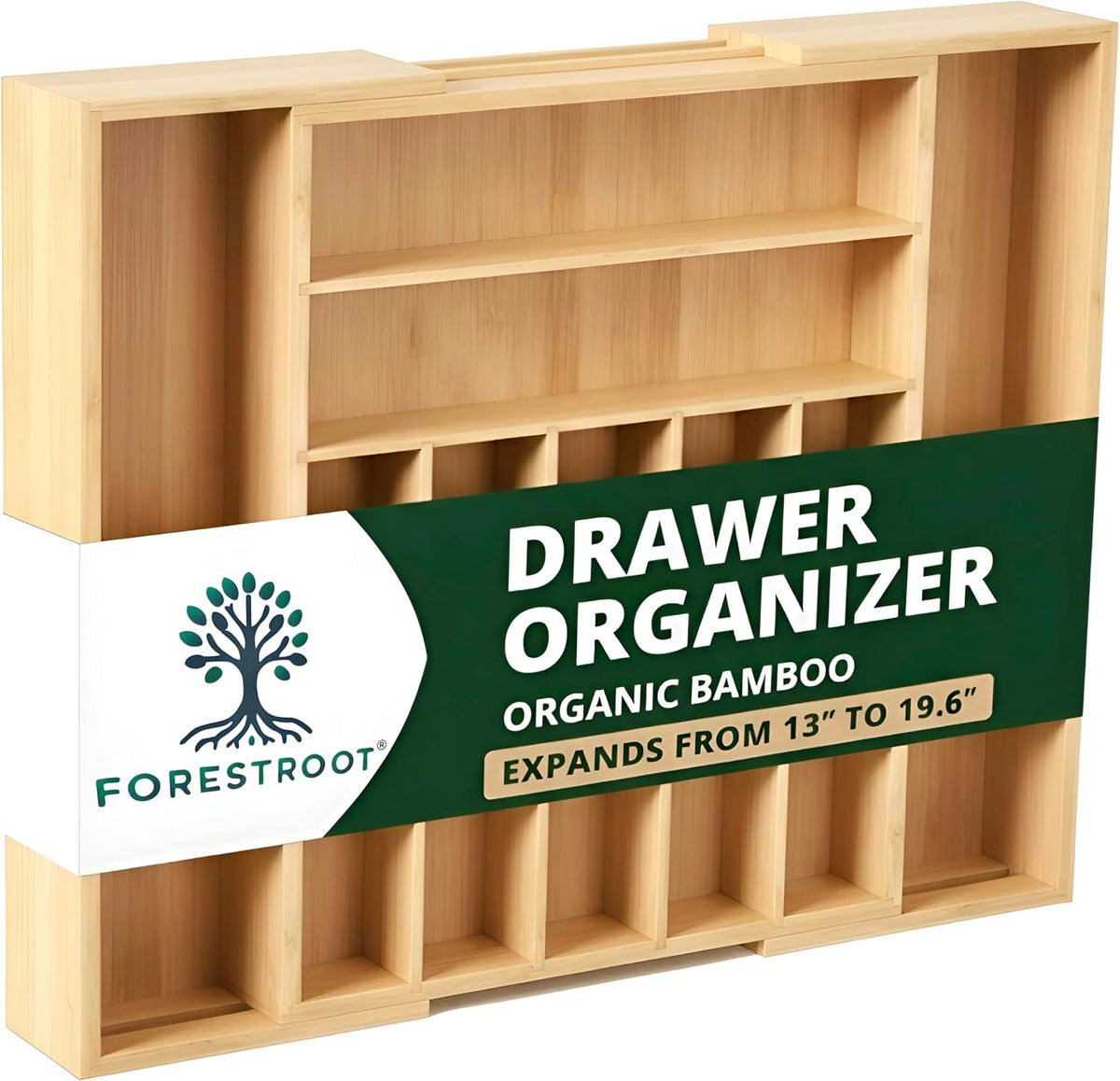 Bamboo Drawer Organizer – Expandable 9 Slot Silverware & Utensil Tray for Kitchen, Office & Kitchen –Fits 13”–19.6” Drawers, Natural Bamboo Wood, Deep Compartments - Durable & Eco-Friendly