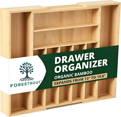 Bamboo Drawer Organizer – Expandable 9 Slot Silverware & Utensil Tray for Kitchen, Office & Kitchen –Fits 13”–19.6” Drawers, Natural Bamboo Wood, Deep Compartments - Durable & Eco-Friendly