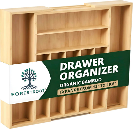 Bamboo Drawer Organizer – Expandable 9 Slot Silverware & Utensil Tray for Kitchen, Office & Kitchen –Fits 13”–19.6” Drawers, Natural Bamboo Wood, Deep Compartments - Durable & Eco-Friendly