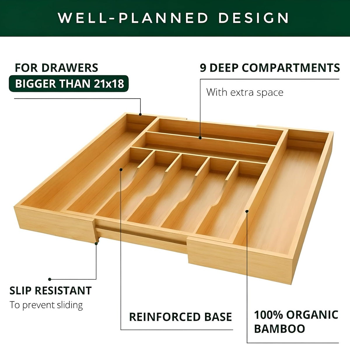 Bamboo Drawer Organizer – Expandable 9 Slot Silverware & Utensil Tray for Kitchen, Office & Kitchen –Fits 13”–19.6” Drawers, Natural Bamboo Wood, Deep Compartments - Durable & Eco-Friendly