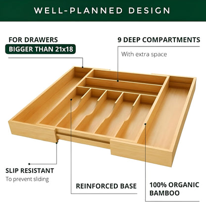 Bamboo Drawer Organizer – Expandable 9 Slot Silverware & Utensil Tray for Kitchen, Office & Kitchen –Fits 13”–19.6” Drawers, Natural Bamboo Wood, Deep Compartments - Durable & Eco-Friendly