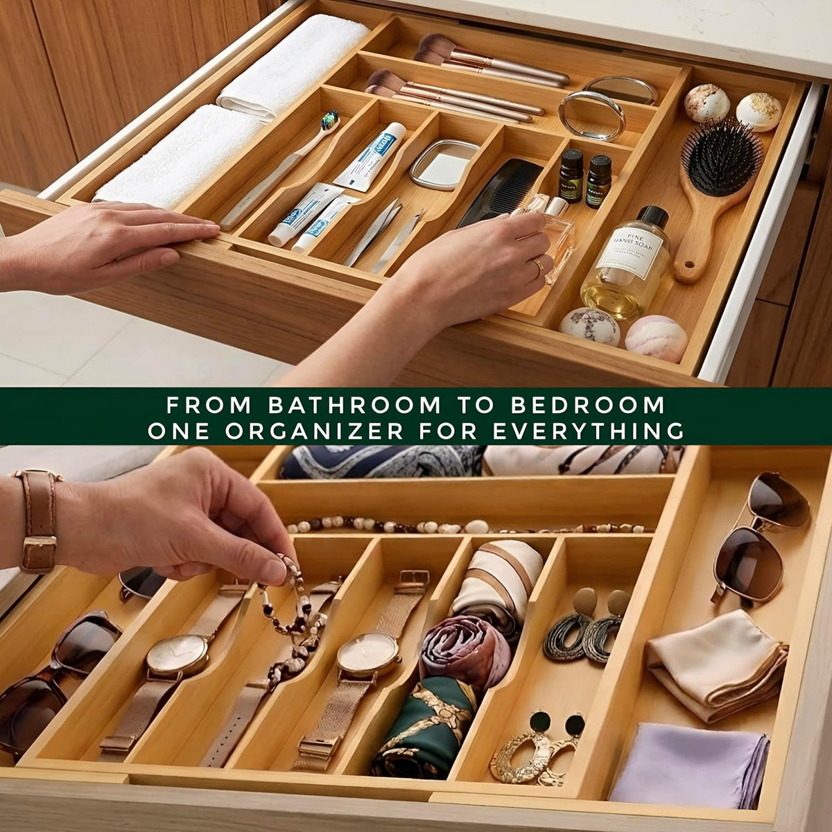 Bamboo Drawer Organizer – Expandable 9 Slot Silverware & Utensil Tray for Kitchen, Office & Kitchen –Fits 13”–19.6” Drawers, Natural Bamboo Wood, Deep Compartments - Durable & Eco-Friendly