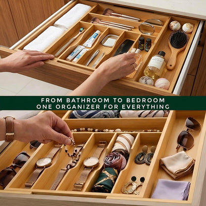 Bamboo Drawer Organizer – Expandable 9 Slot Silverware & Utensil Tray for Kitchen, Office & Kitchen –Fits 13”–19.6” Drawers, Natural Bamboo Wood, Deep Compartments - Durable & Eco-Friendly