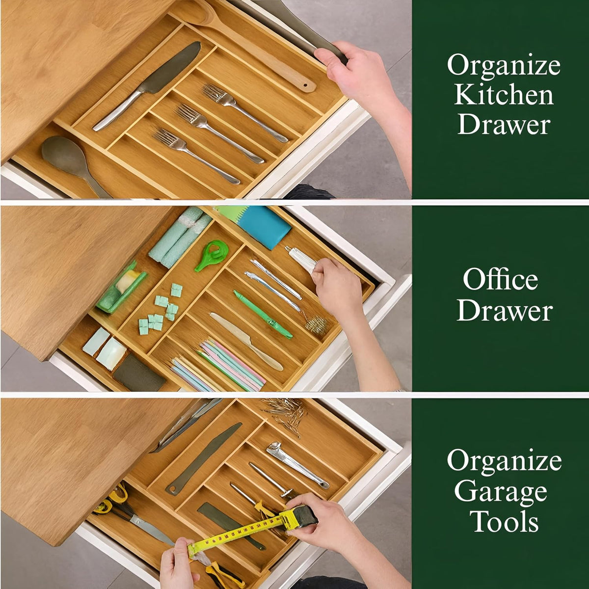 Bamboo Drawer Organizer – Expandable 9 Slot Silverware & Utensil Tray for Kitchen, Office & Kitchen –Fits 13”–19.6” Drawers, Natural Bamboo Wood, Deep Compartments - Durable & Eco-Friendly