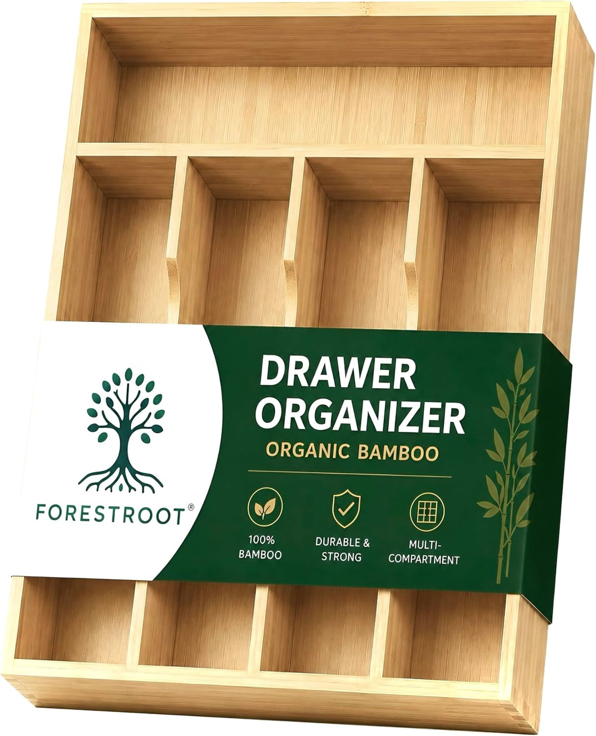 Bamboo Drawer Organizer – Expandable 9 Slot Silverware & Utensil Tray for Kitchen, Office & Kitchen –Fits 13”–19.6” Drawers, Natural Bamboo Wood, Deep Compartments - Durable & Eco-Friendly