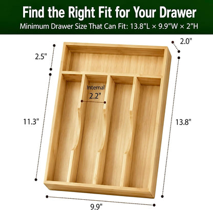 Bamboo Drawer Organizer – Expandable 9 Slot Silverware & Utensil Tray for Kitchen, Office & Kitchen –Fits 13”–19.6” Drawers, Natural Bamboo Wood, Deep Compartments - Durable & Eco-Friendly