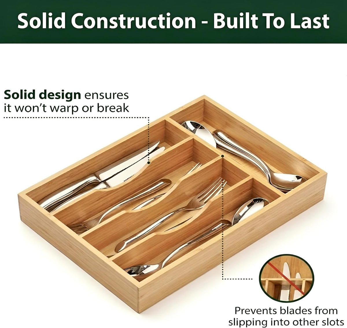 Bamboo Drawer Organizer – Expandable 9 Slot Silverware & Utensil Tray for Kitchen, Office & Kitchen –Fits 13”–19.6” Drawers, Natural Bamboo Wood, Deep Compartments - Durable & Eco-Friendly