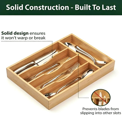 Bamboo Drawer Organizer – Expandable 9 Slot Silverware & Utensil Tray for Kitchen, Office & Kitchen –Fits 13”–19.6” Drawers, Natural Bamboo Wood, Deep Compartments - Durable & Eco-Friendly