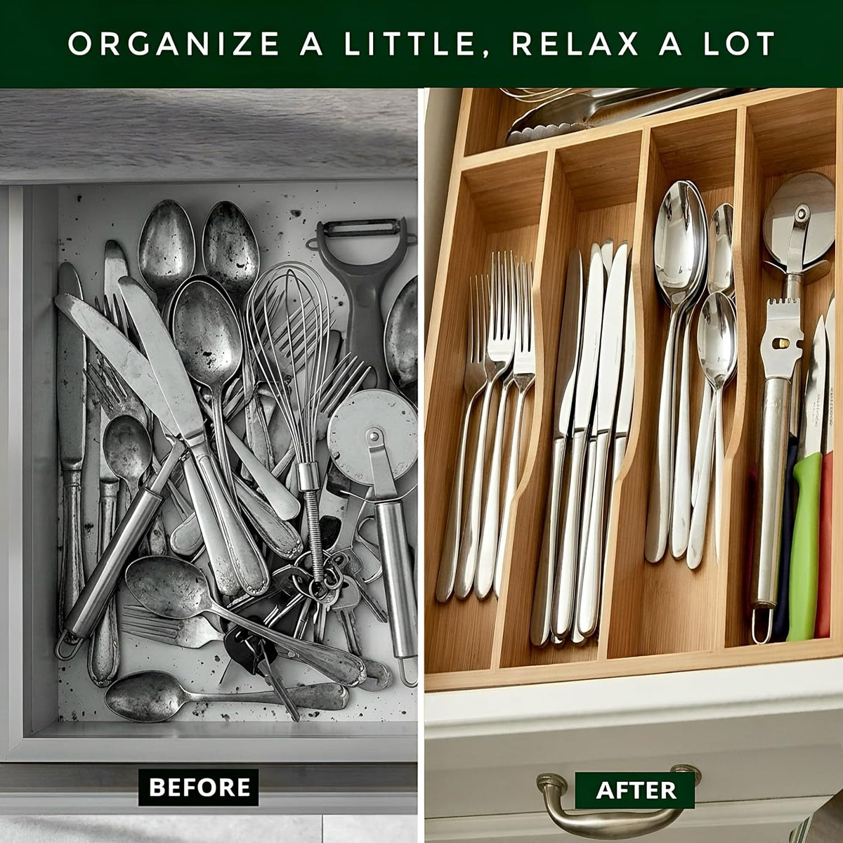 Bamboo Drawer Organizer – Expandable 9 Slot Silverware & Utensil Tray for Kitchen, Office & Kitchen –Fits 13”–19.6” Drawers, Natural Bamboo Wood, Deep Compartments - Durable & Eco-Friendly