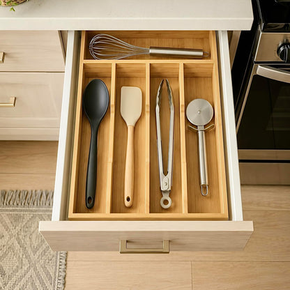 Bamboo Drawer Organizer – Expandable 9 Slot Silverware & Utensil Tray for Kitchen, Office & Kitchen –Fits 13”–19.6” Drawers, Natural Bamboo Wood, Deep Compartments - Durable & Eco-Friendly
