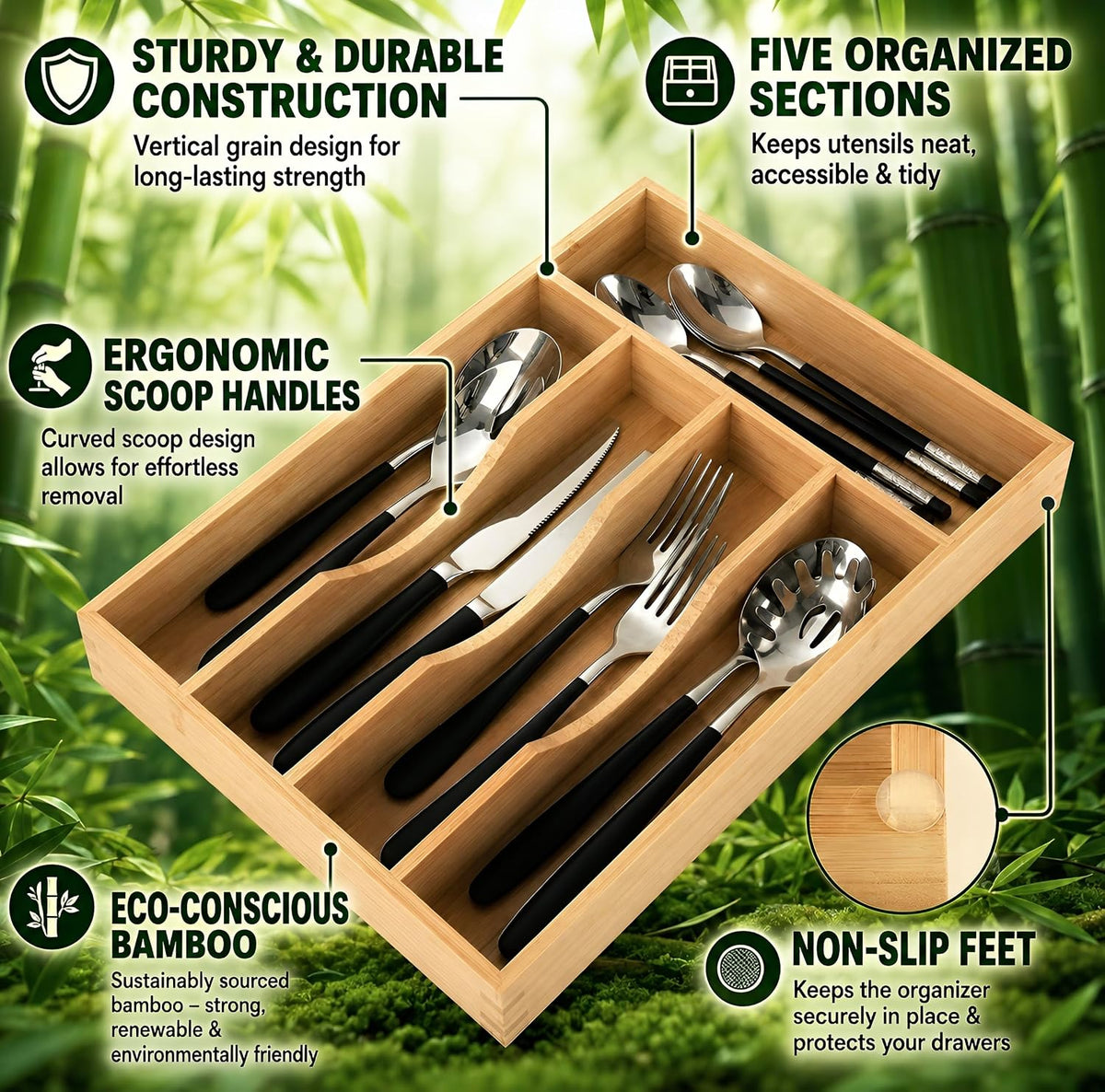 Bamboo Drawer Organizer – Expandable 9 Slot Silverware & Utensil Tray for Kitchen, Office & Kitchen –Fits 13”–19.6” Drawers, Natural Bamboo Wood, Deep Compartments - Durable & Eco-Friendly