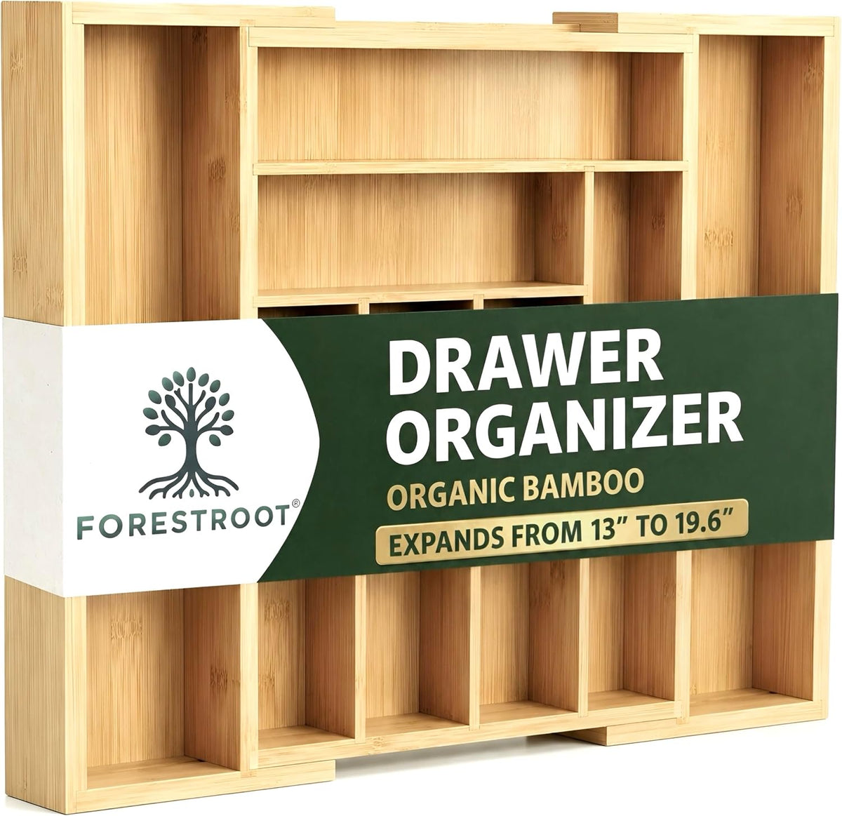 Bamboo Drawer Organizer – Expandable 9 Slot Silverware & Utensil Tray for Kitchen, Office & Kitchen –Fits 13”–19.6” Drawers, Natural Bamboo Wood, Deep Compartments - Durable & Eco-Friendly