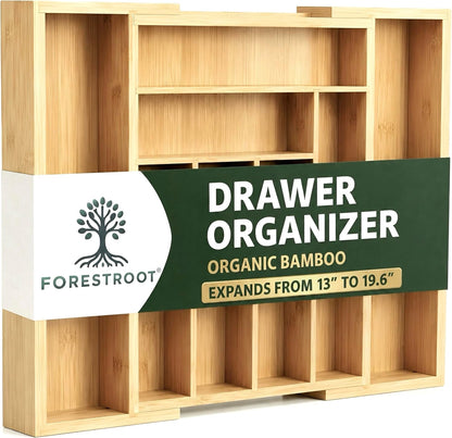 Bamboo Drawer Organizer – Expandable 9 Slot Silverware & Utensil Tray for Kitchen, Office & Kitchen –Fits 13”–19.6” Drawers, Natural Bamboo Wood, Deep Compartments - Durable & Eco-Friendly