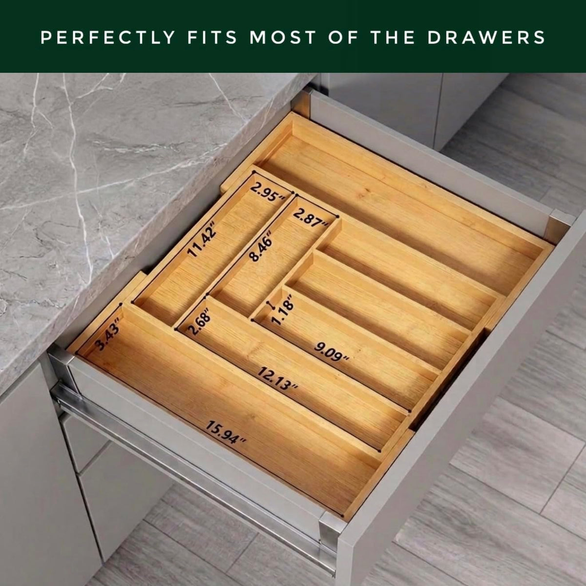 Bamboo Drawer Organizer – Expandable 9 Slot Silverware & Utensil Tray for Kitchen, Office & Kitchen –Fits 13”–19.6” Drawers, Natural Bamboo Wood, Deep Compartments - Durable & Eco-Friendly