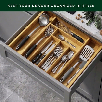Bamboo Drawer Organizer – Expandable 9 Slot Silverware & Utensil Tray for Kitchen, Office & Kitchen –Fits 13”–19.6” Drawers, Natural Bamboo Wood, Deep Compartments - Durable & Eco-Friendly