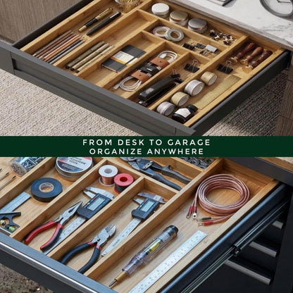 Bamboo Drawer Organizer – Expandable 9 Slot Silverware & Utensil Tray for Kitchen, Office & Kitchen –Fits 13”–19.6” Drawers, Natural Bamboo Wood, Deep Compartments - Durable & Eco-Friendly