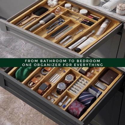 Bamboo Drawer Organizer – Expandable 9 Slot Silverware & Utensil Tray for Kitchen, Office & Kitchen –Fits 13”–19.6” Drawers, Natural Bamboo Wood, Deep Compartments - Durable & Eco-Friendly