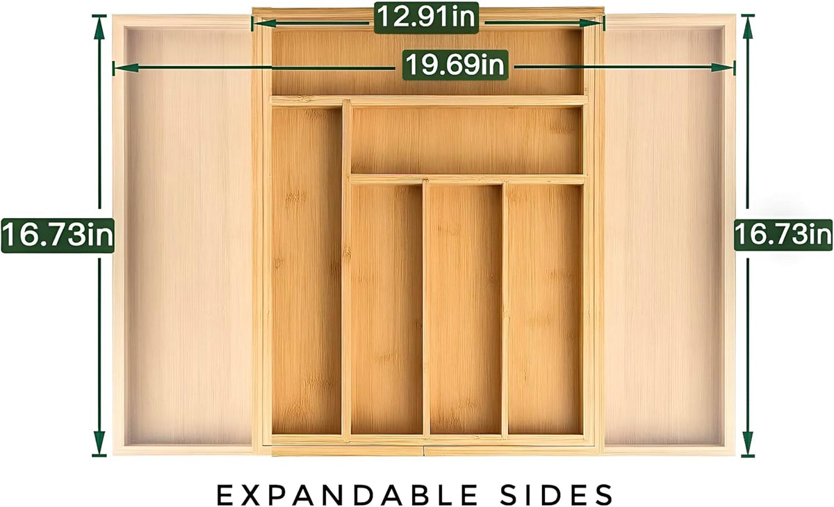 Bamboo Drawer Organizer – Expandable 9 Slot Silverware & Utensil Tray for Kitchen, Office & Kitchen –Fits 13”–19.6” Drawers, Natural Bamboo Wood, Deep Compartments - Durable & Eco-Friendly