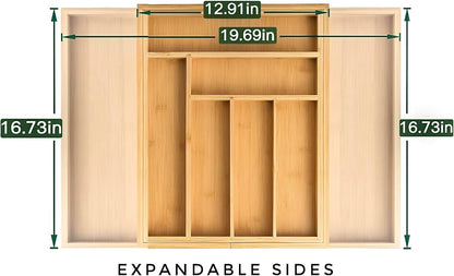 Bamboo Drawer Organizer – Expandable 9 Slot Silverware & Utensil Tray for Kitchen, Office & Kitchen –Fits 13”–19.6” Drawers, Natural Bamboo Wood, Deep Compartments - Durable & Eco-Friendly